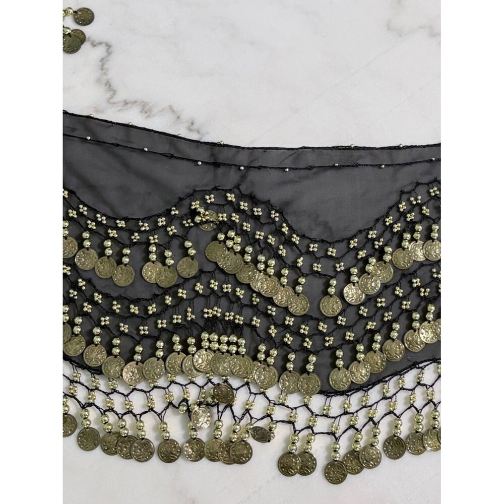 Black Coin Fringe Belly Dance Hip Scarf - Gold Coins - Picture 5 of 5